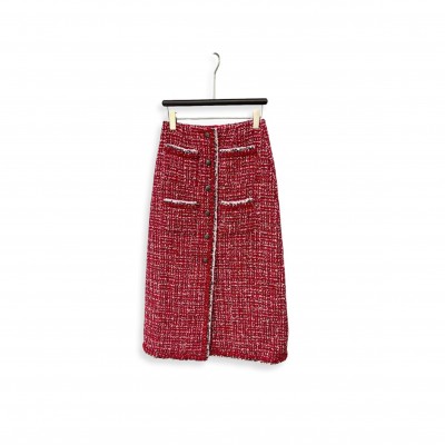 CHANEL LONG SKIRT TWEED RED 